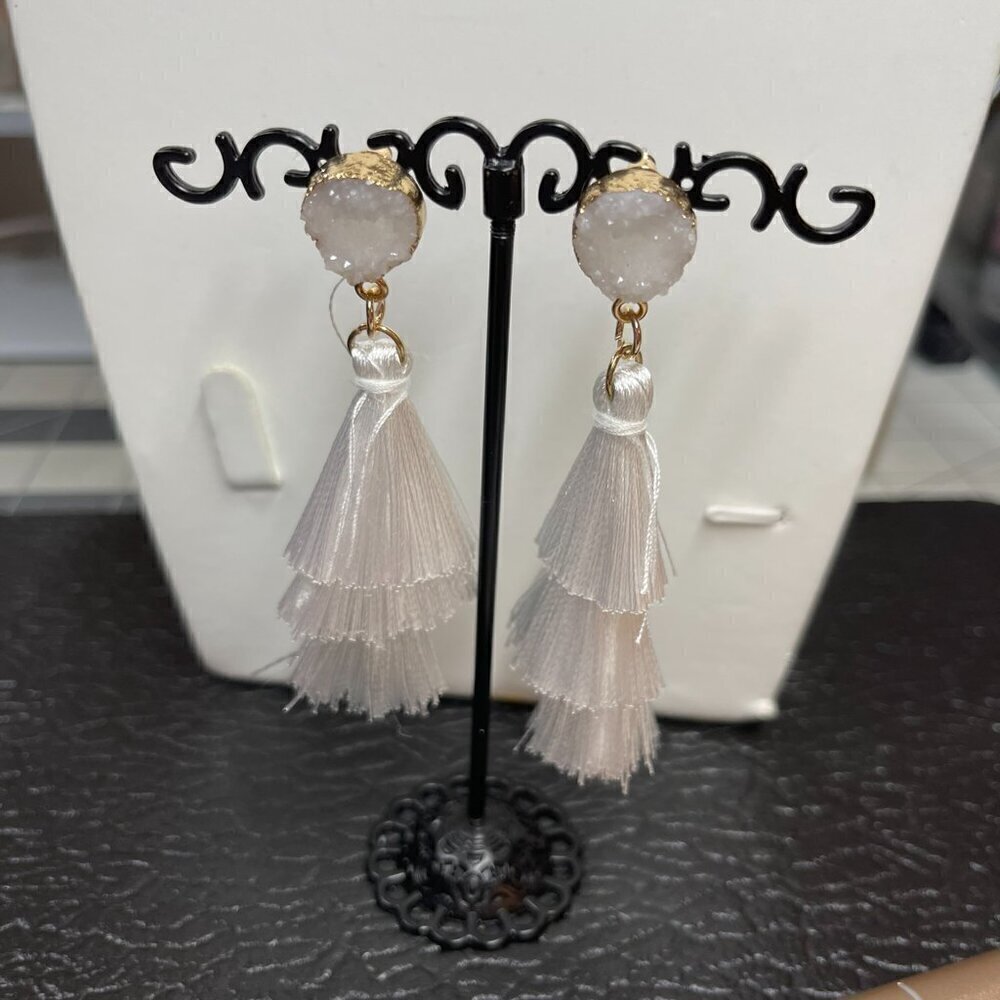 Drusy Drop Earrings in White with 3-Tier Silk Tassels - New (403) - Picture 2 of 12